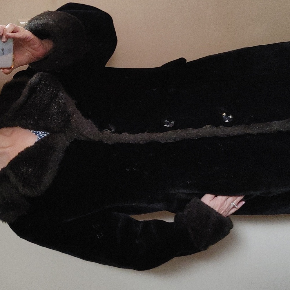 Vtg Black Faux Fur Long Coat Size 10